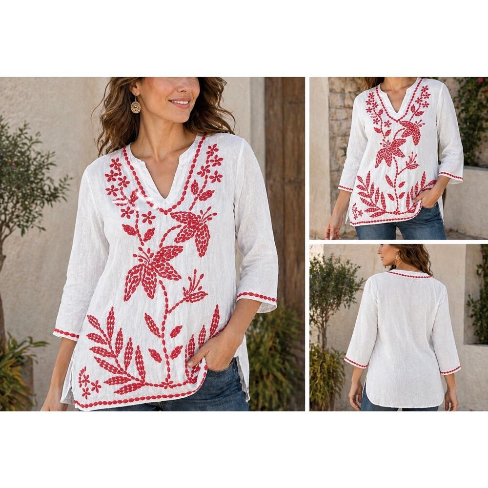 Linen Charter Club Luxury Embroidered Blouse M Boho Peasant Tunic Floral Top
